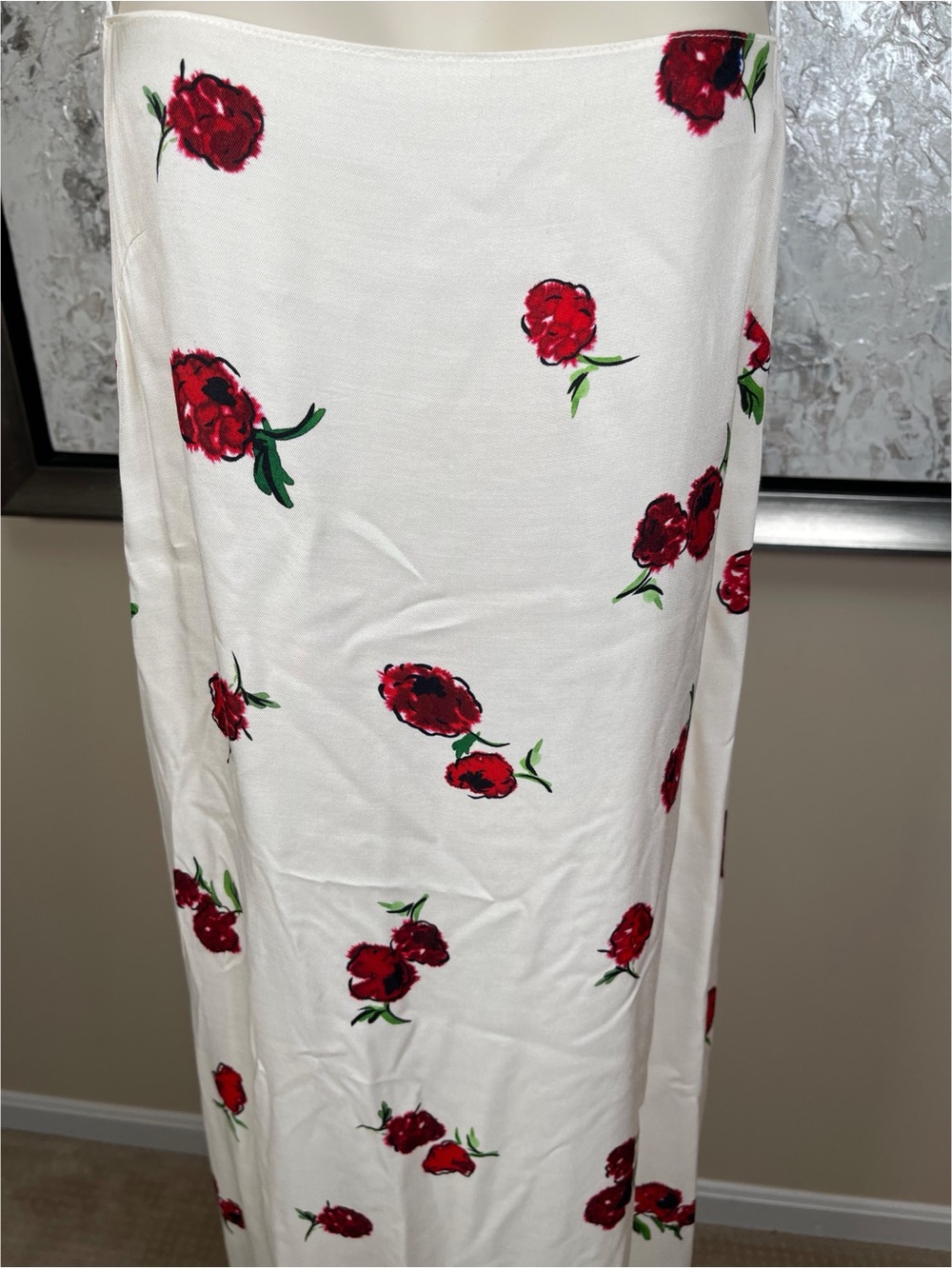 KHAITE Cream Midi Slip Dress with Red Rose Print - Picture 4 of 10
